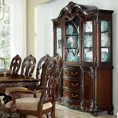 Traditional Dining Buffet with Hutch Featuring Built-In Lighting